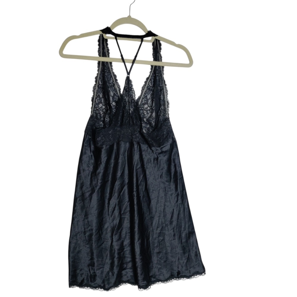 Victorias Secret Black Satin Lace Slip Nightgown Strappy Racerback Large
